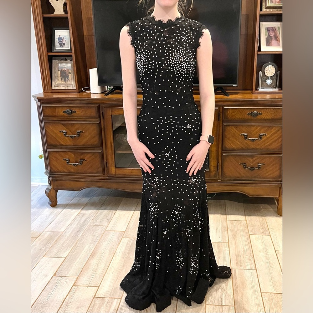 Black rhinestone pageant prom dress sz 1 Betsy Adam dress horseshoe hem EUC $175